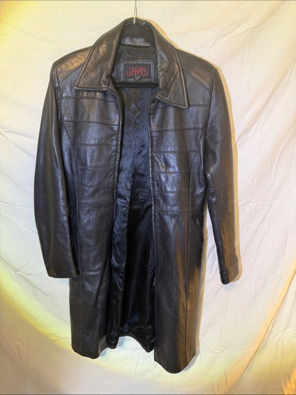 Women's Black Leather Zip-Front Long Jacket